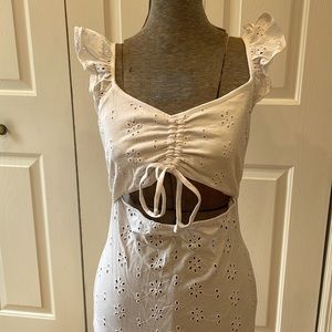 ASOS white cap sleeve eyelit design open midriff mini dress